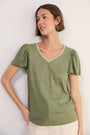 Lily Linen V-Neck Tee - Khaki Shimmer