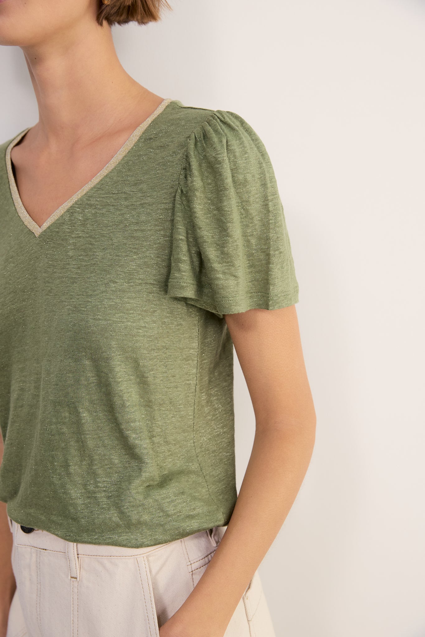 Lily Linen V-Neck Tee - Khaki Shimmer
