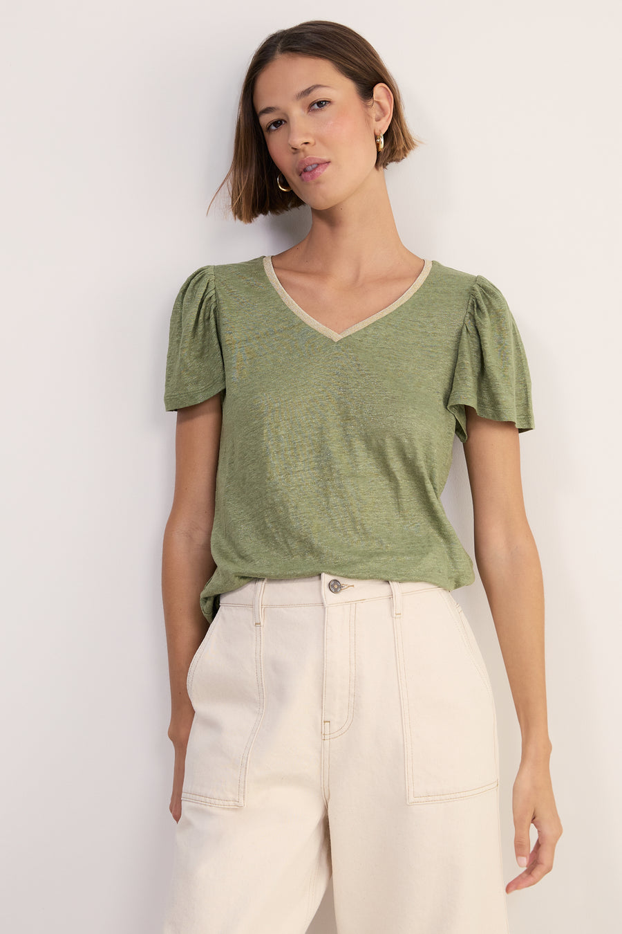Lily Linen V-Neck Tee - Khaki Shimmer