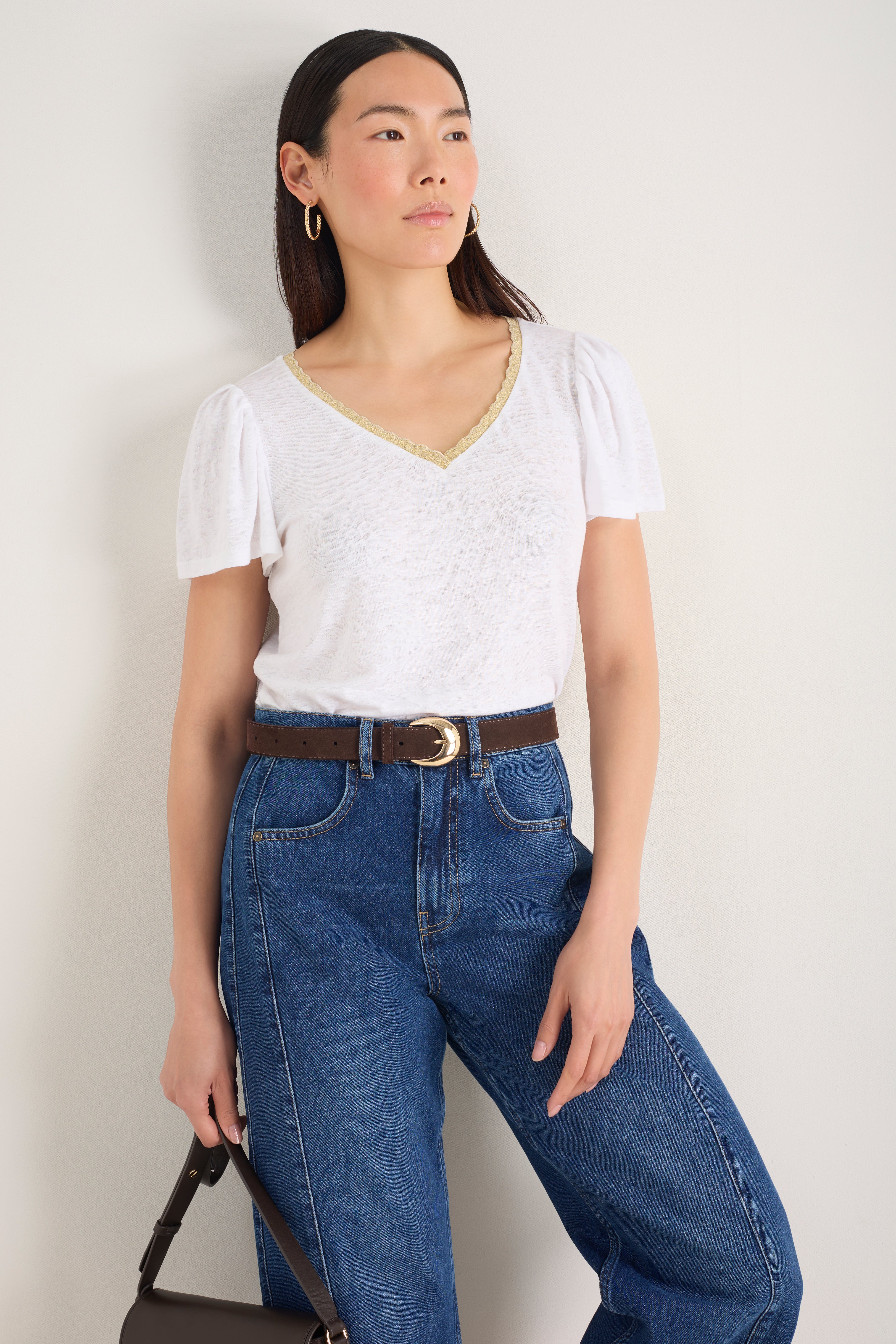 Lily Linen V-Neck Tee - White