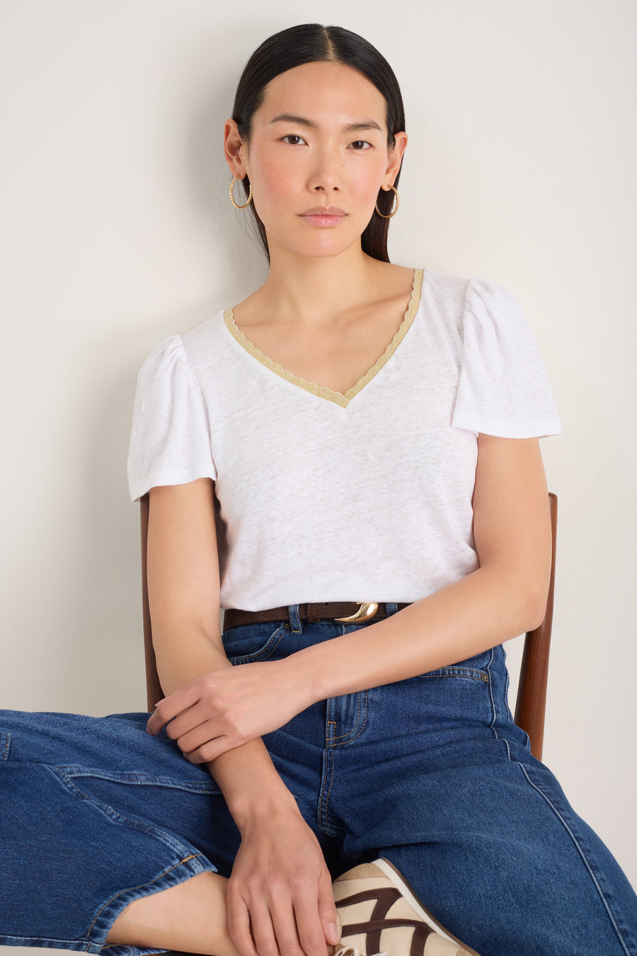 Lily Linen V-Neck Tee - White