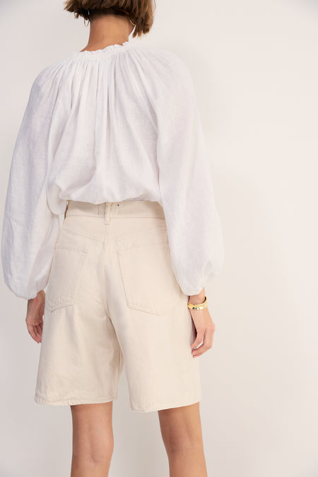 Lula Pleat Front Denim Long Short - Ecru