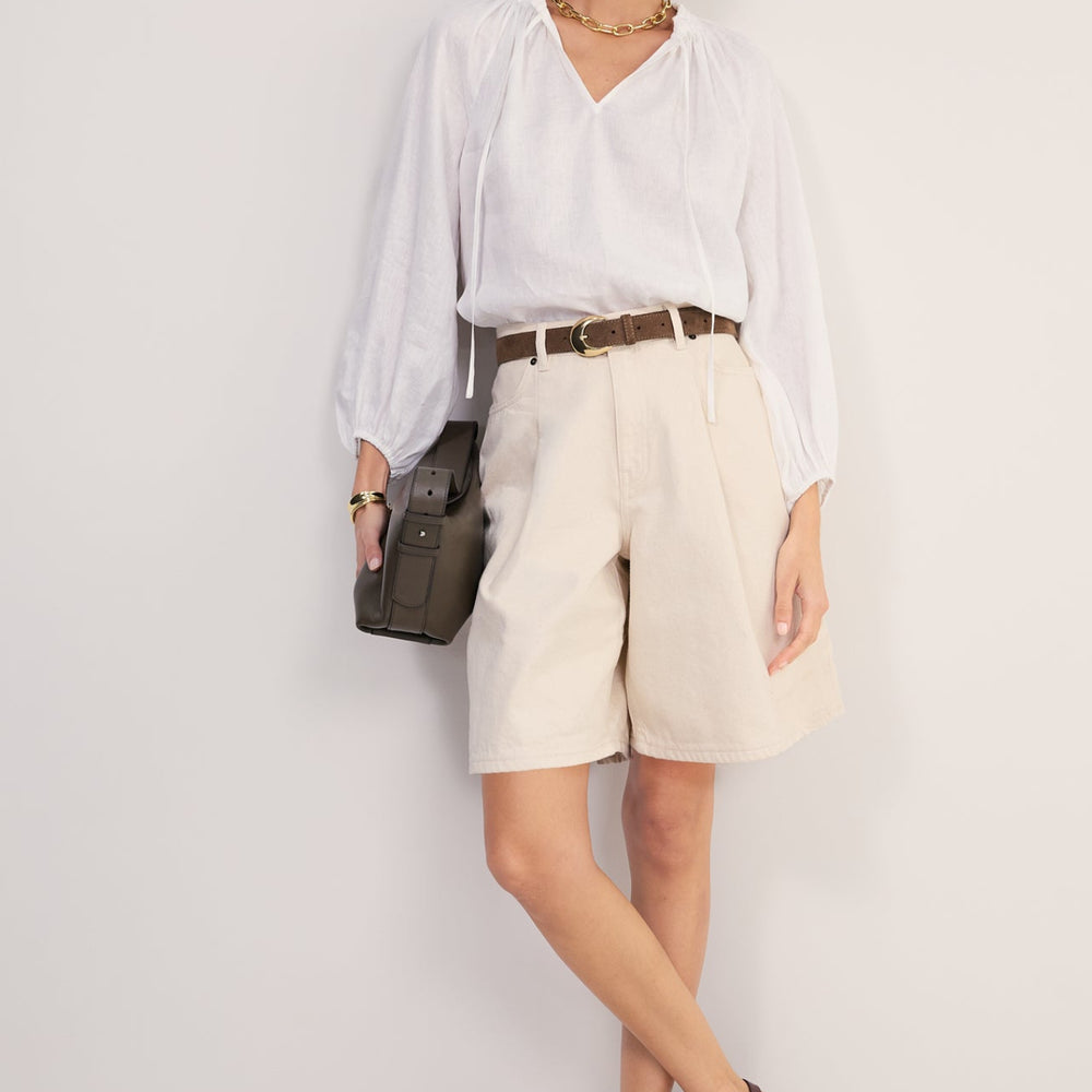 Lula Pleat Front Denim Long Short - Ecru