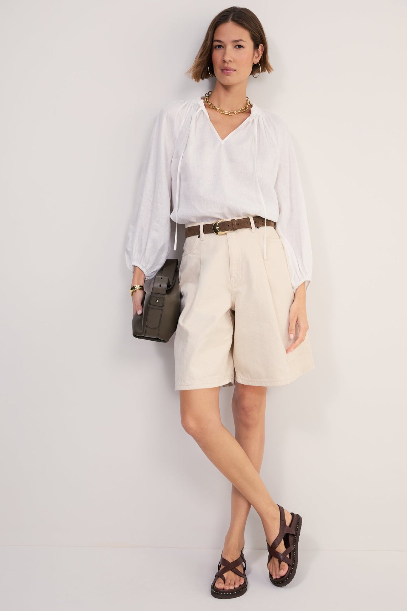 Lula Pleat Front Denim Long Short - Ecru