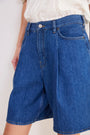 Lula Pleat Front Denim Long Short - Mid Wash