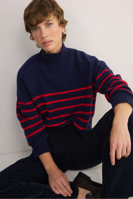 Luna Curved Hem Jumper - Midnight/Red Stripe