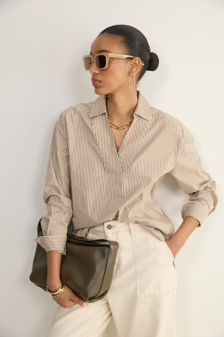 Macey Shirt - Tan/Ivory Stripe