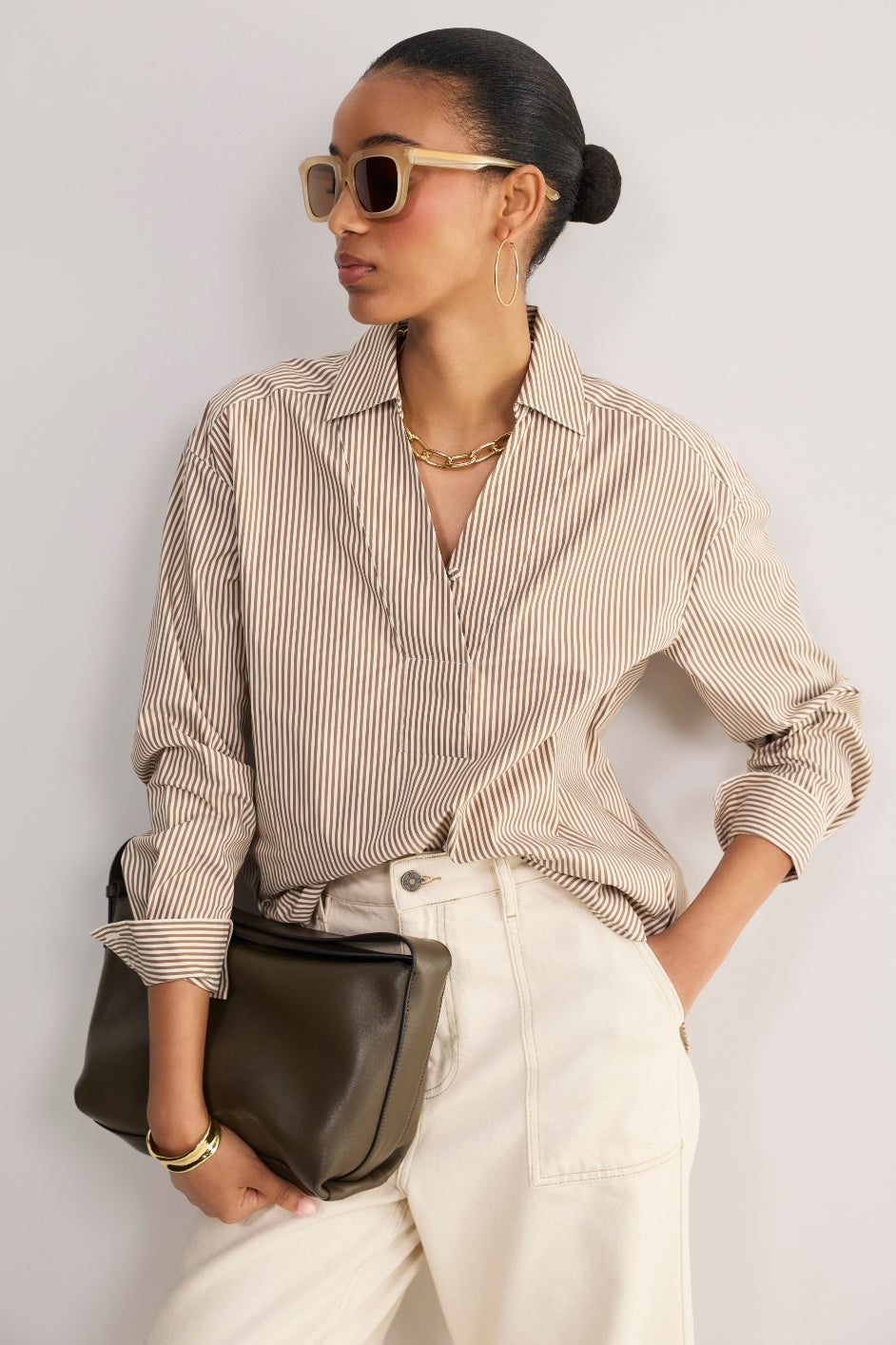 Macey Shirt - Tan/Ivory Stripe