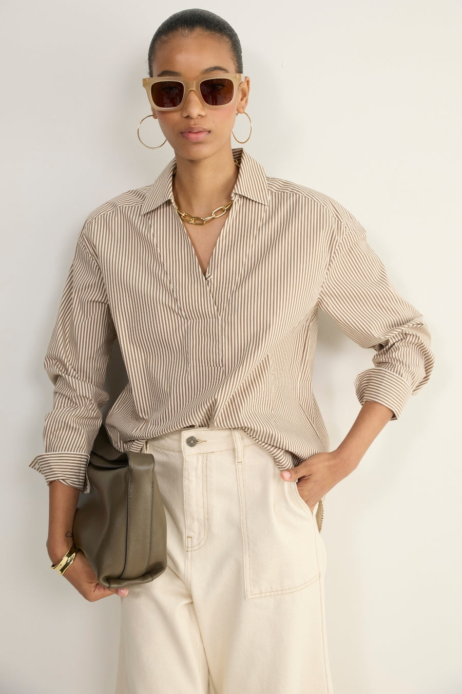 Macey Shirt - Tan/Ivory Stripe