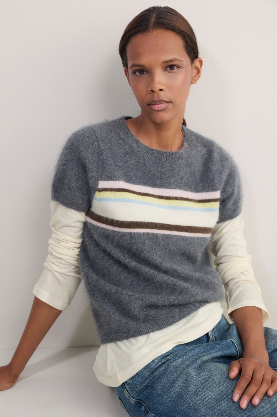 Madeleine Brushed Jumper - Grey Marl Multi Stripe