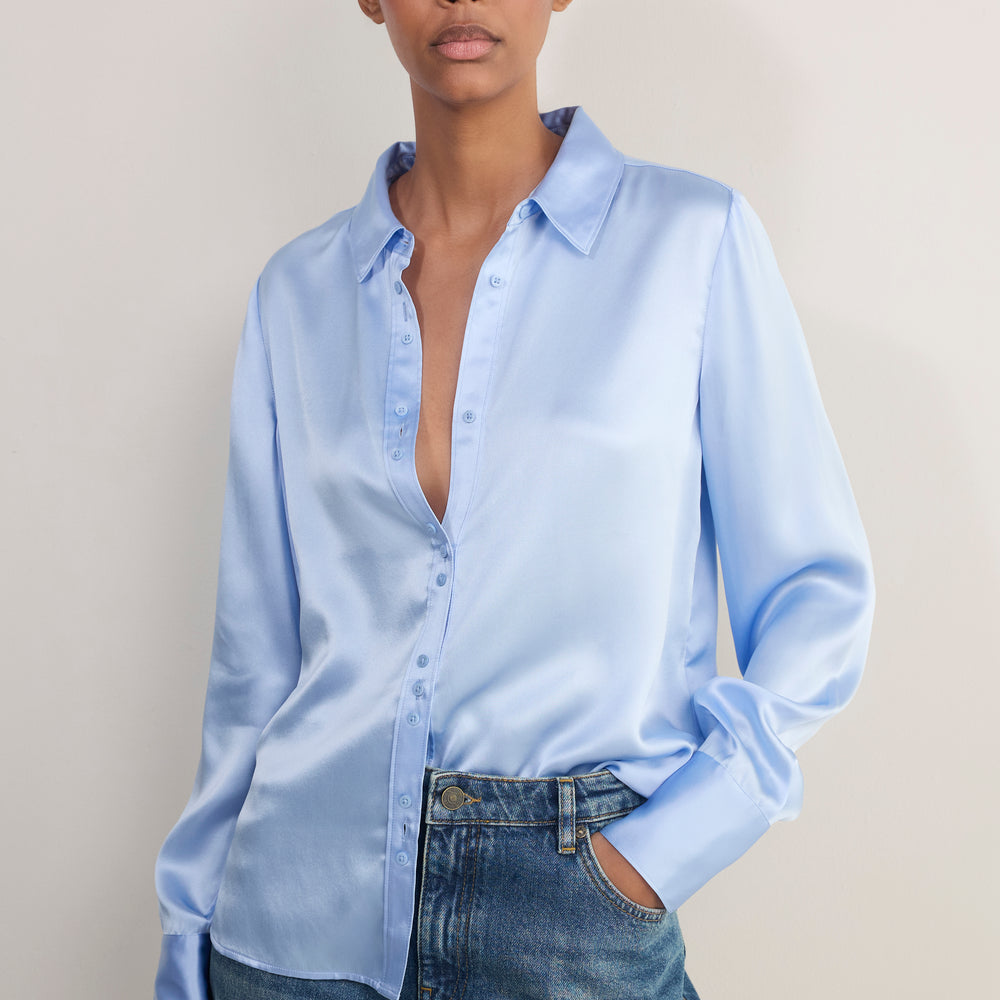 Madeleine Silk Satin Blouse - Sky Blue
