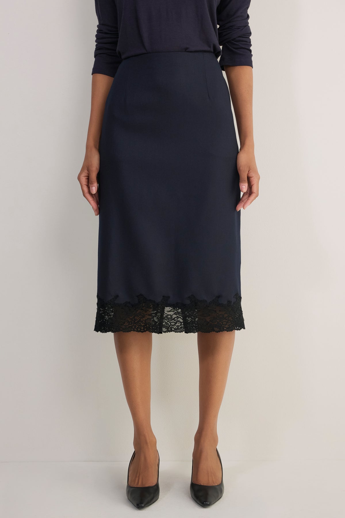 Madeleine Wool Lace Trim Skirt - Midnight