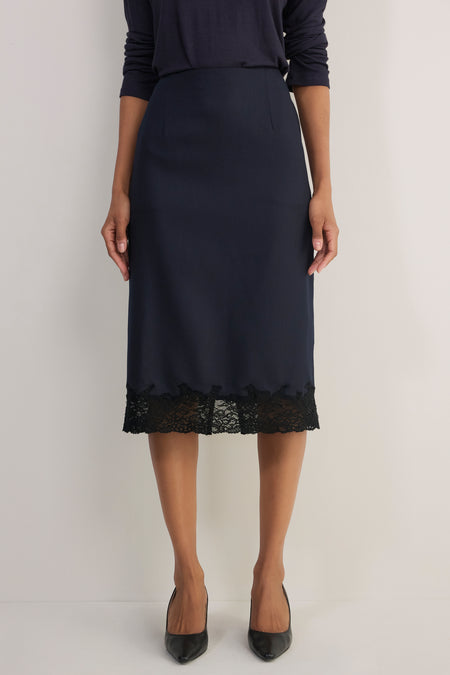Madeleine Wool Lace Trim Skirt - Midnight