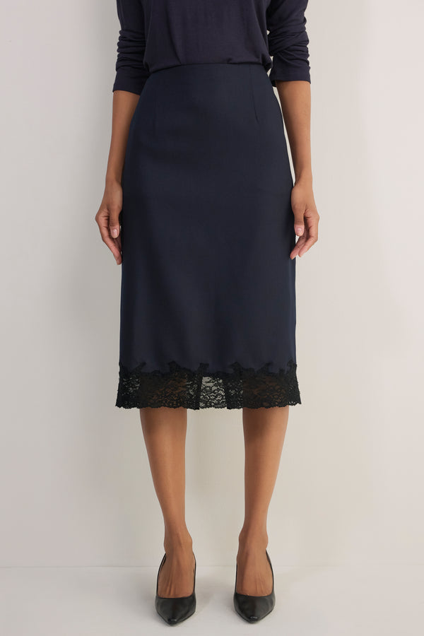Madeleine Wool Lace Trim Skirt - Midnight