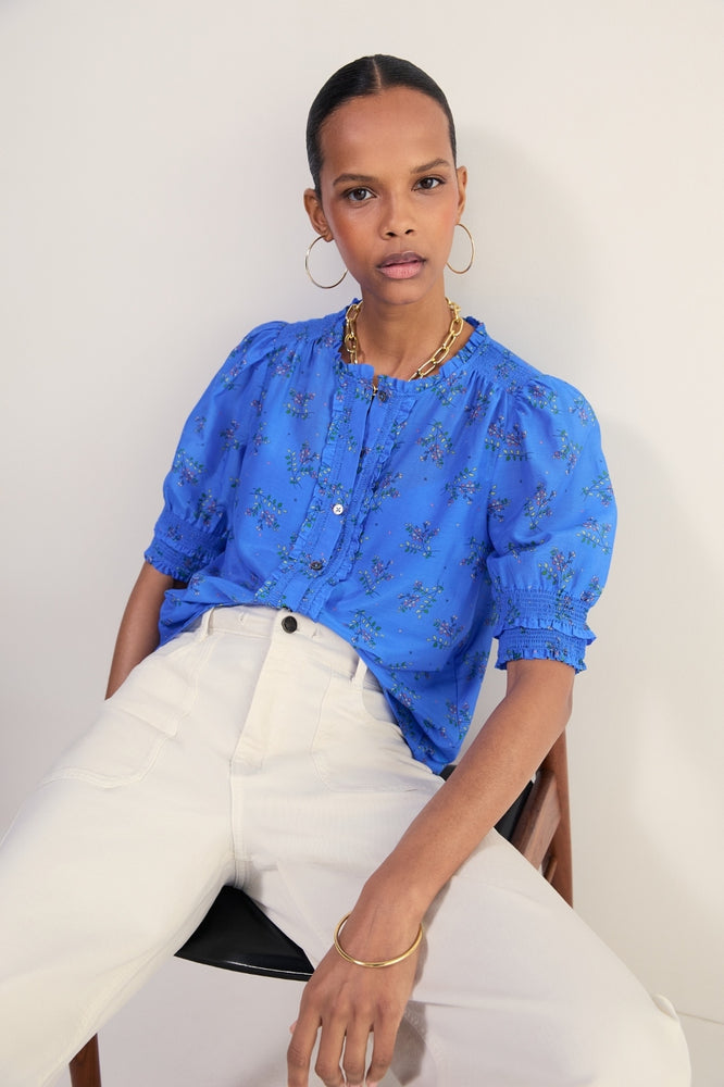 Maeve Silk Blend Top - Regatta Blue Whimsical Sprig