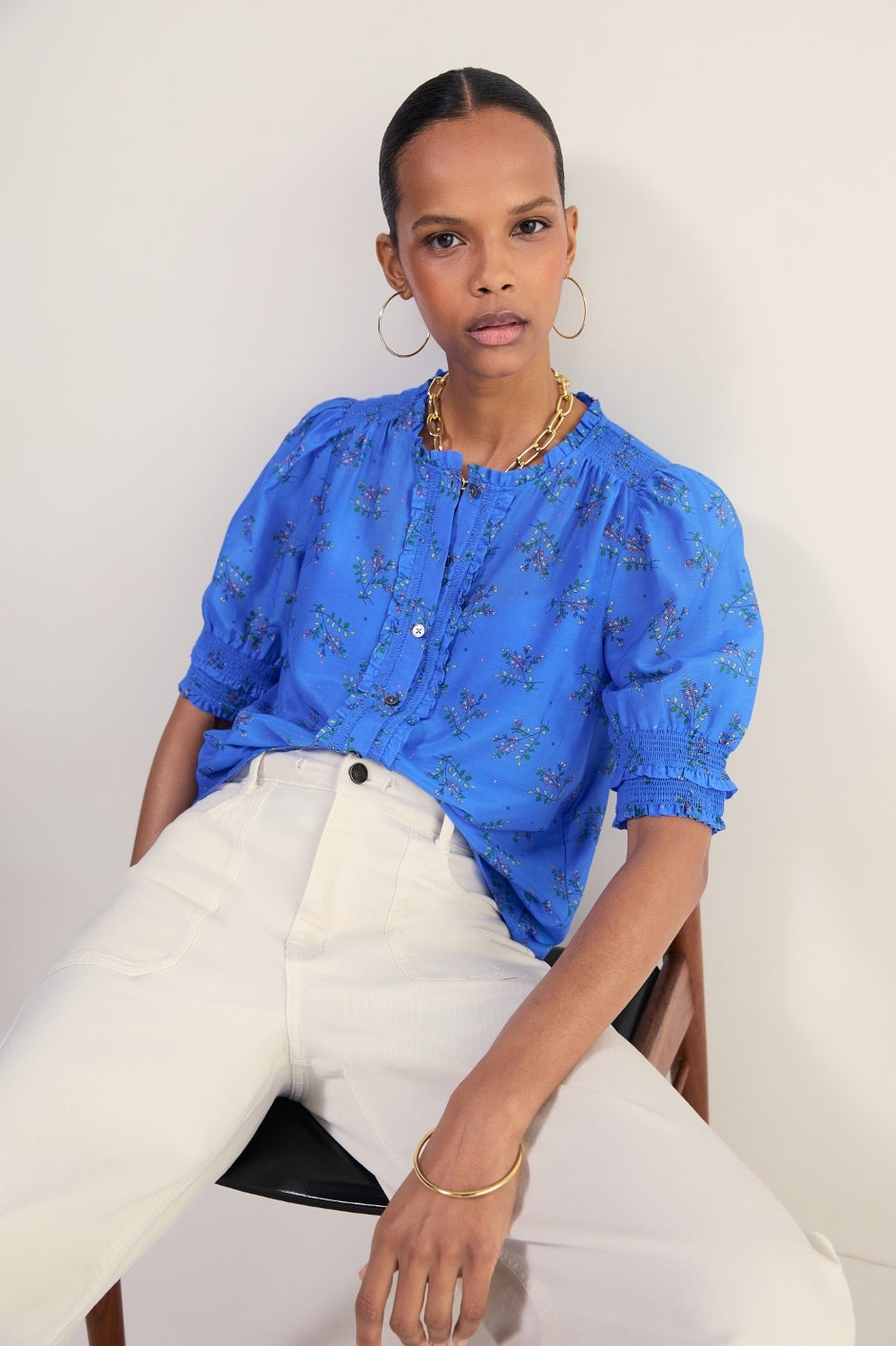 Maeve Silk Blend Top - Regatta Blue Whimsical Sprig