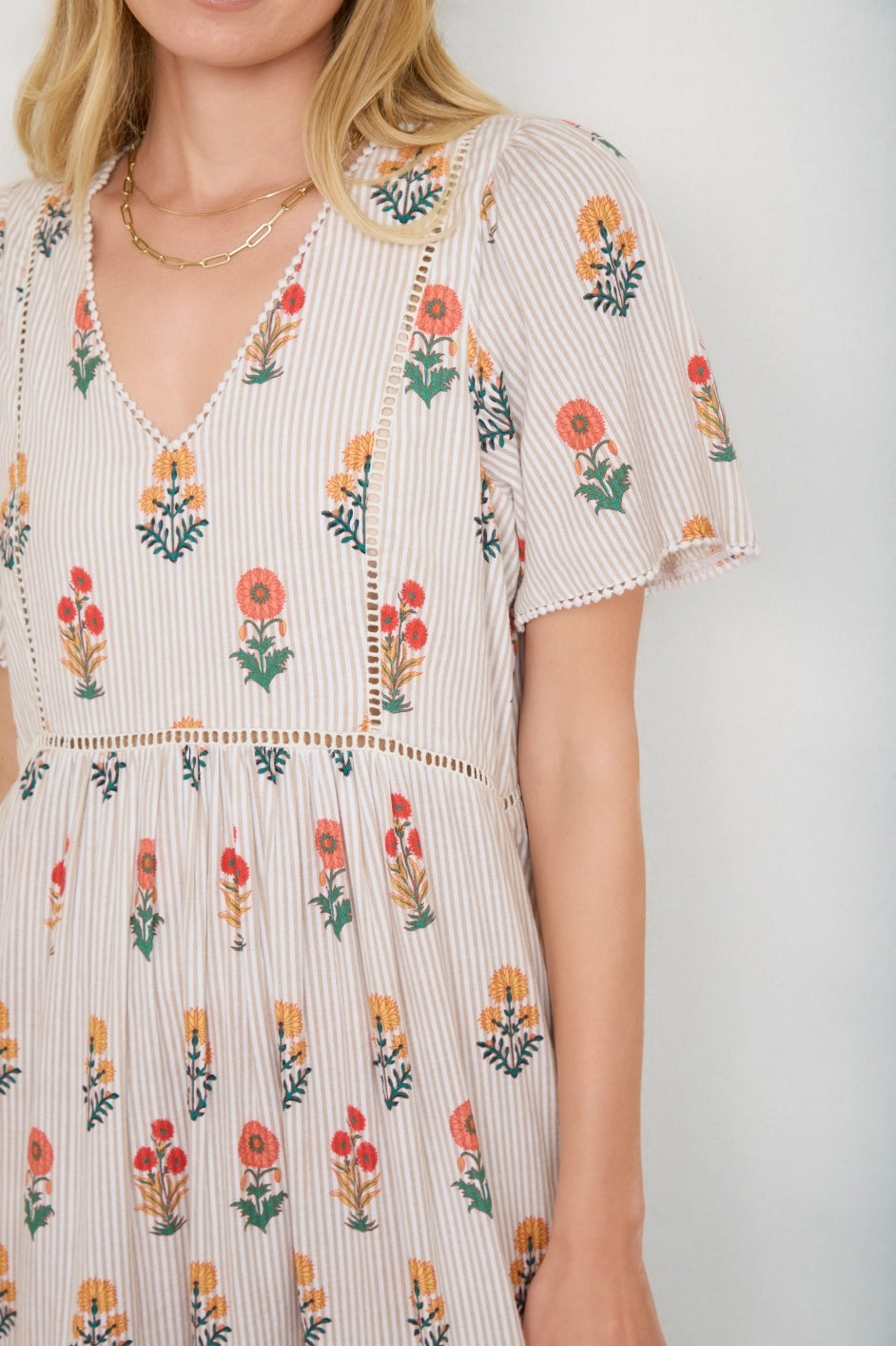 Maggie Dress - Tan Stripe Woodblock Floral