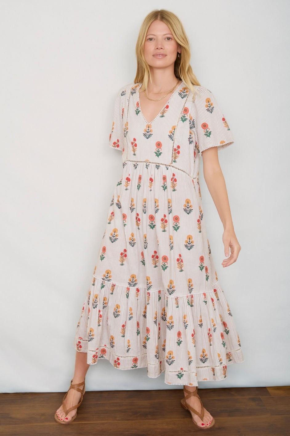 Maggie Dress - Tan Stripe Woodblock Floral