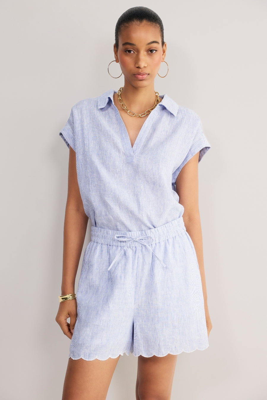 Marina Linen Short - Blue/Ivory Stripe