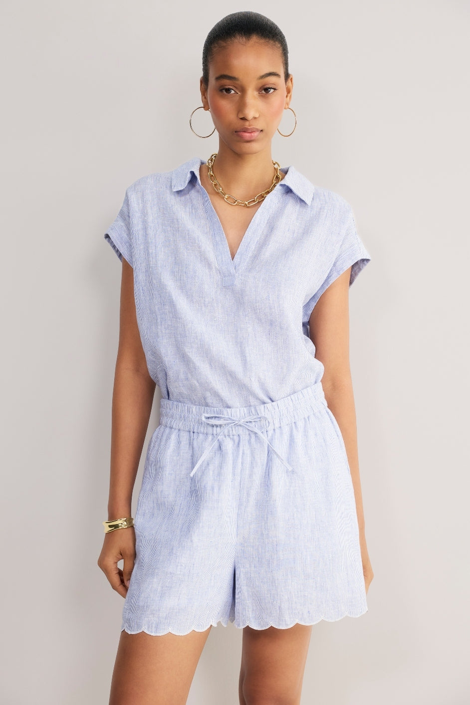 Marina Linen Short - Blue/Ivory Stripe