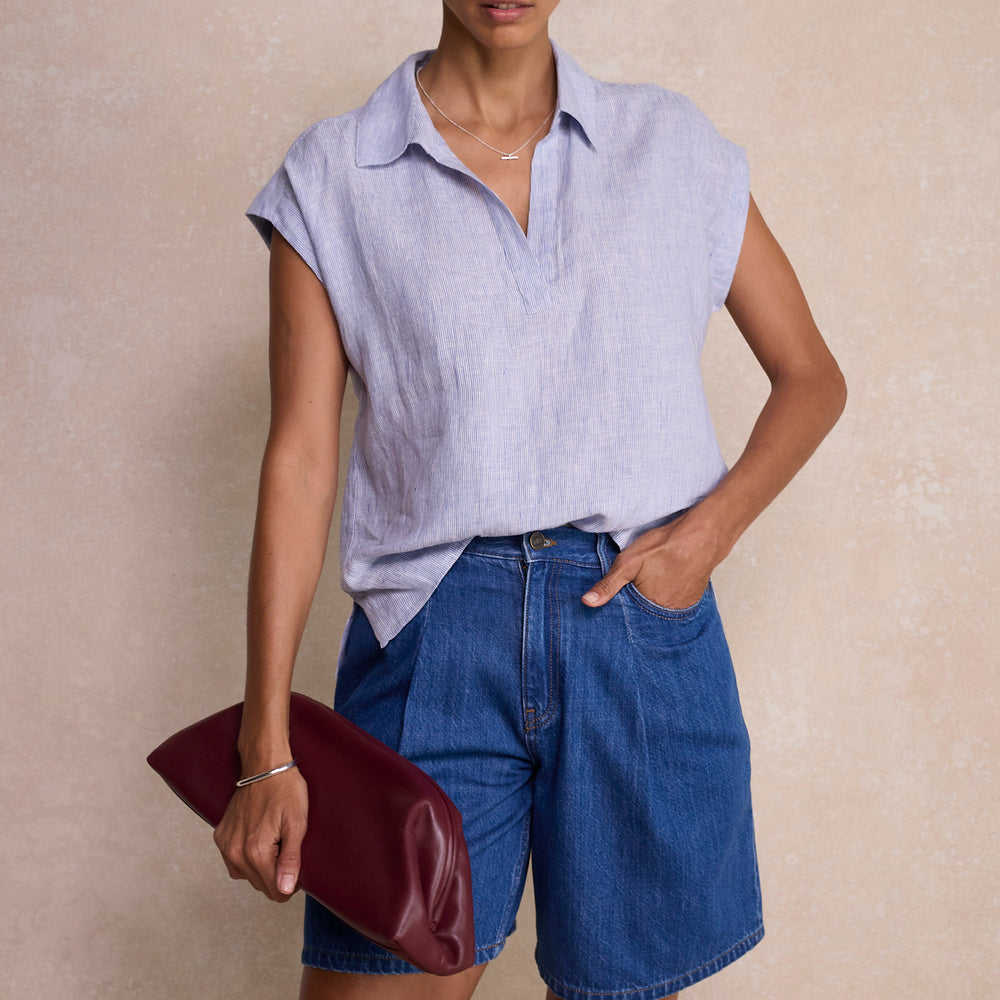 Lula Pleat Front Denim Long Short - Mid Wash