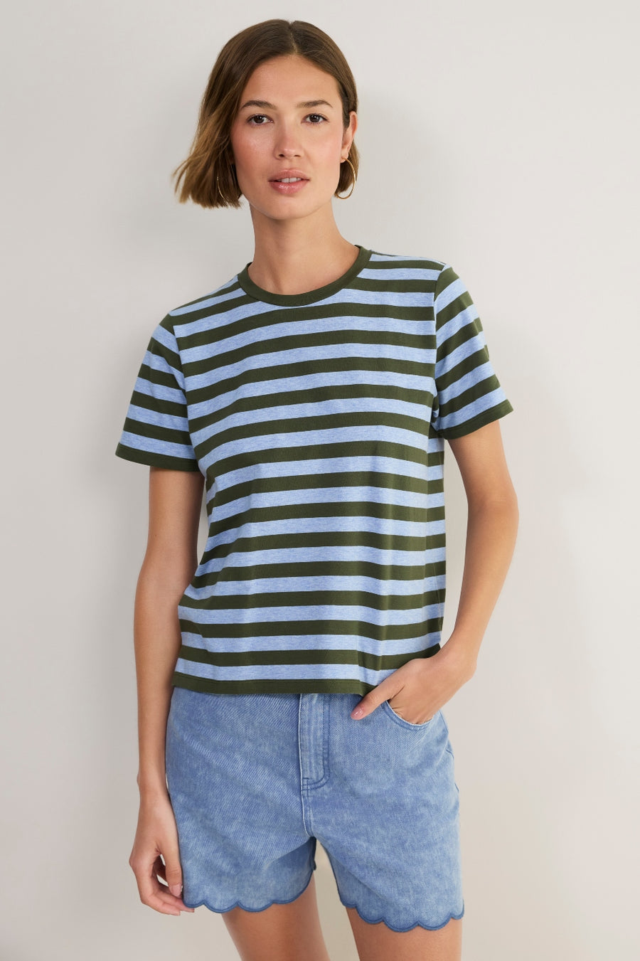 Marley Short Sleeve T-Shirt - Denim Blue/Olive Stripe