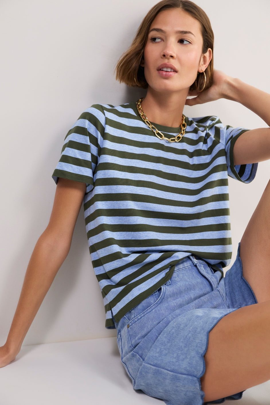 Marley Short Sleeve T-Shirt - Denim Blue/Olive Stripe