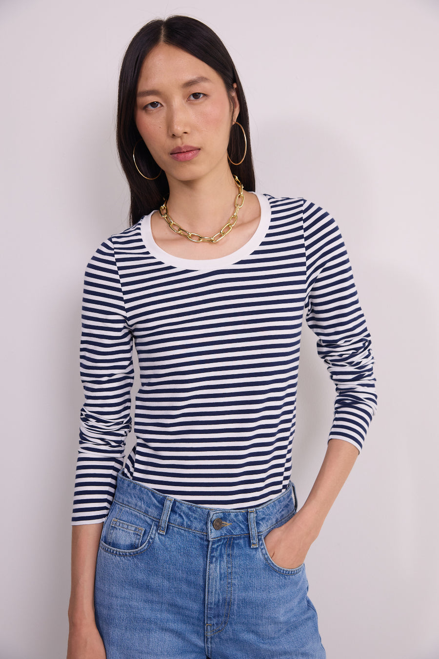Marnie Long Sleeve Jersey Scoop Top - Midnight/Ivory Stripe
