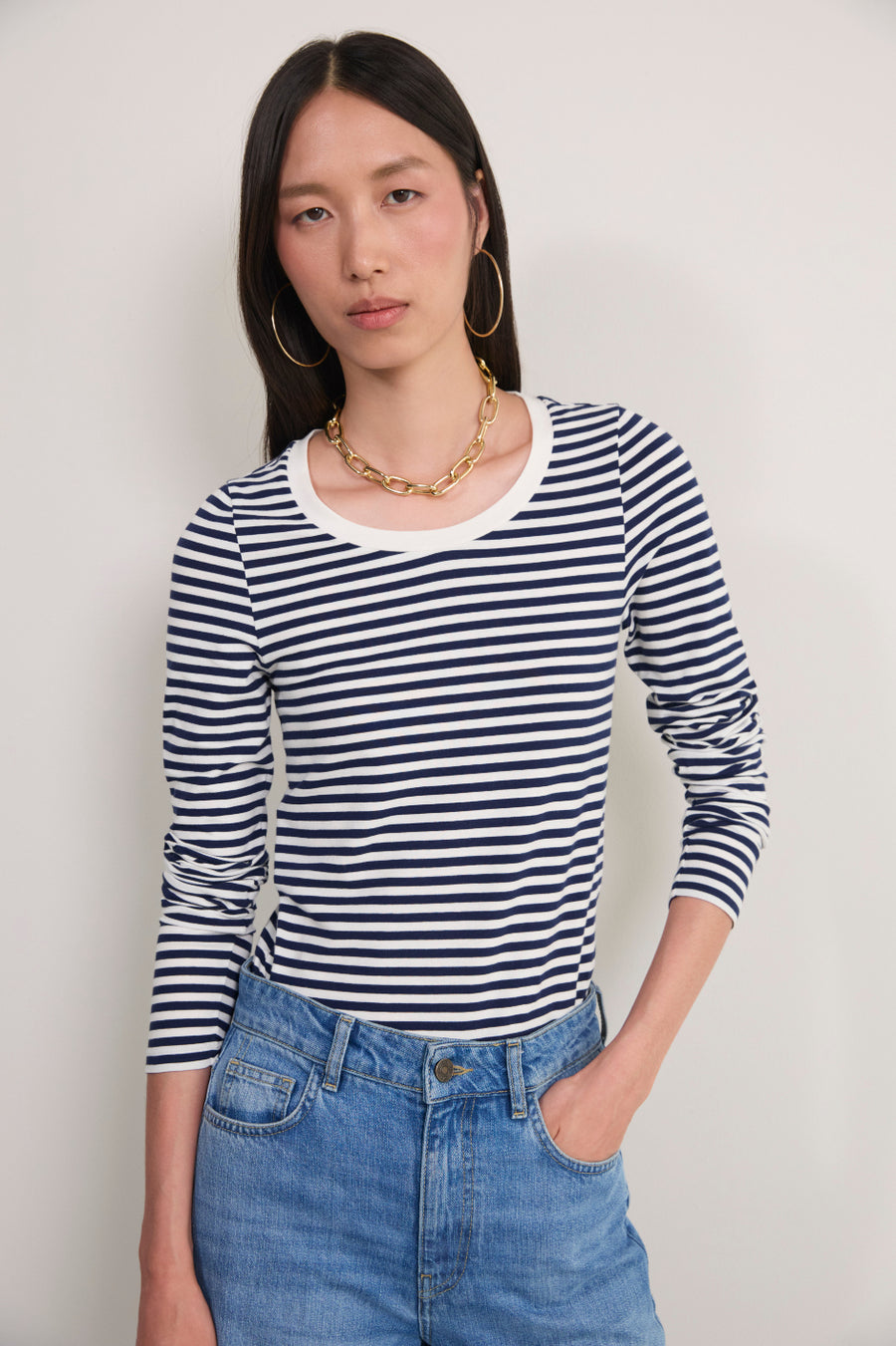 Marnie Long Sleeve Jersey Scoop Top - Midnight/Ivory Stripe