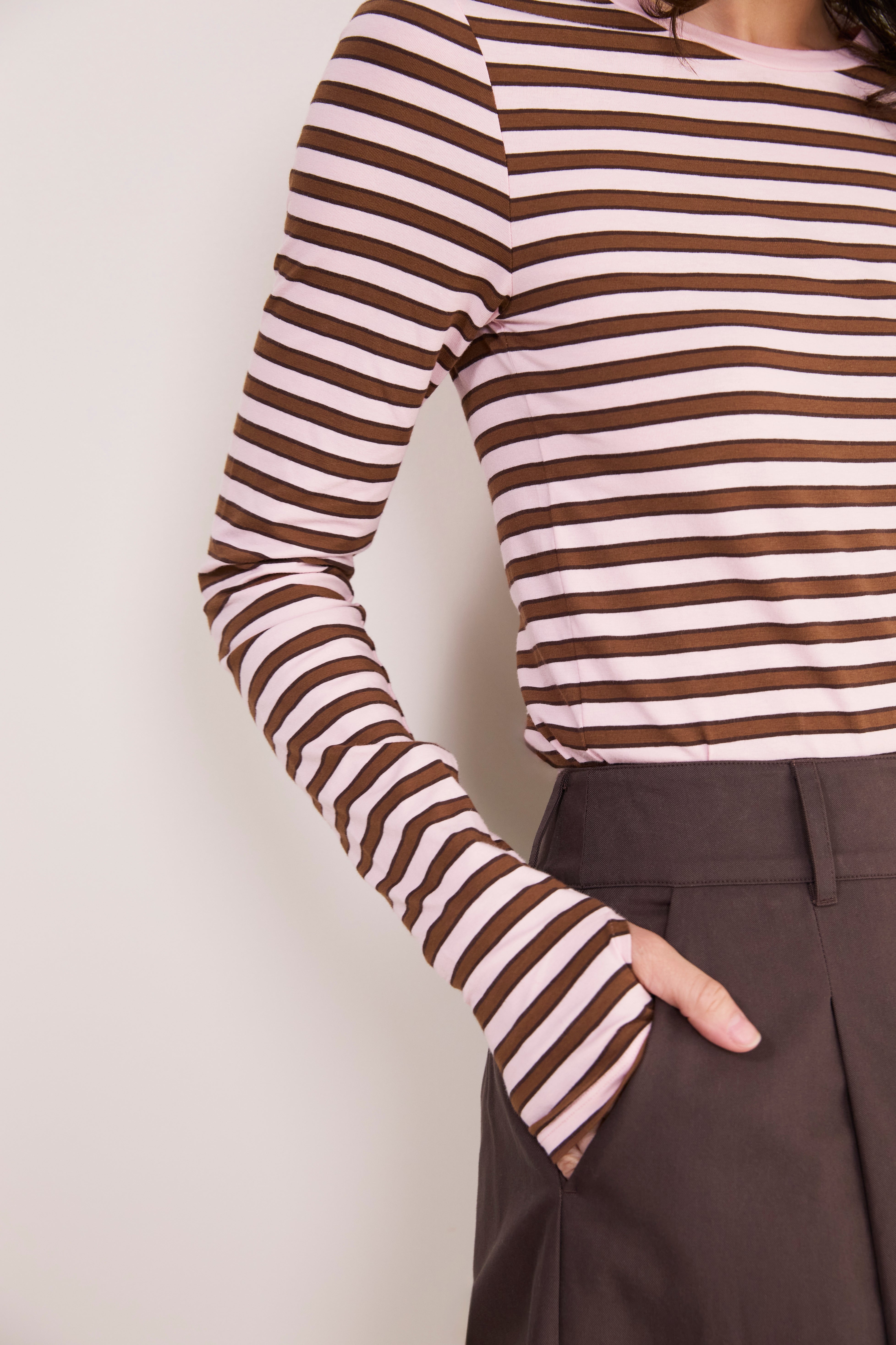 Marnie Long Sleeve Jersey Top - Blush Pink/Toffee Stripe