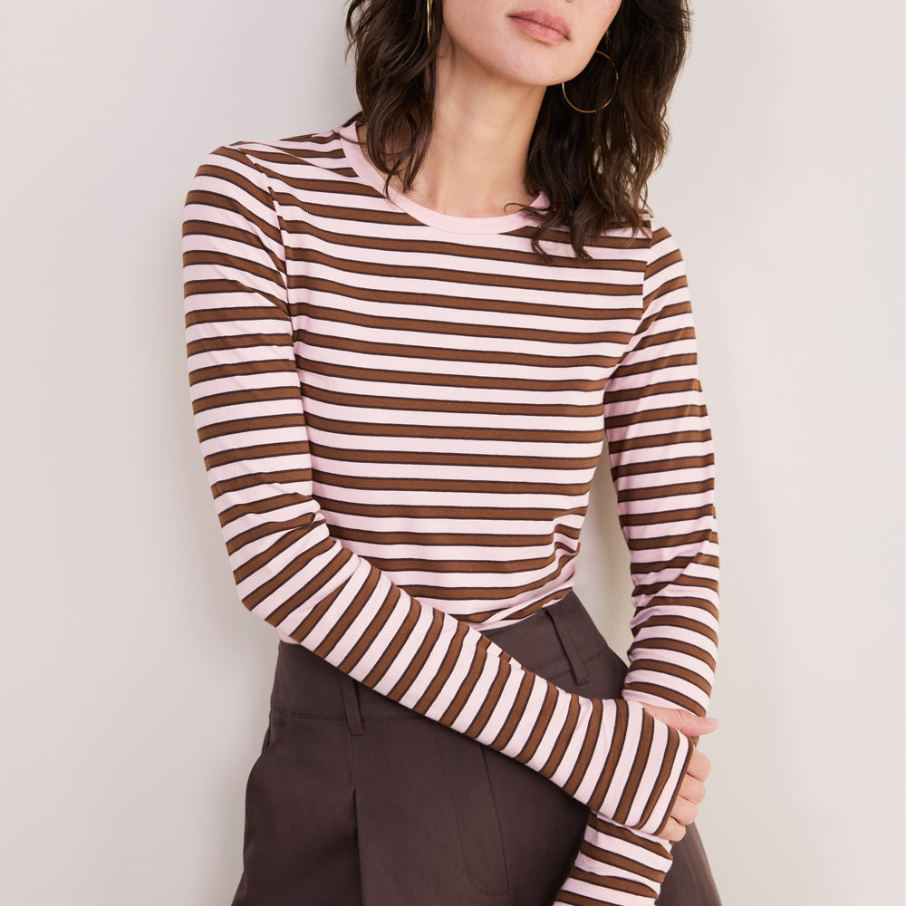 Marnie Long Sleeve Jersey Top - Blush Pink/Toffee Stripe
