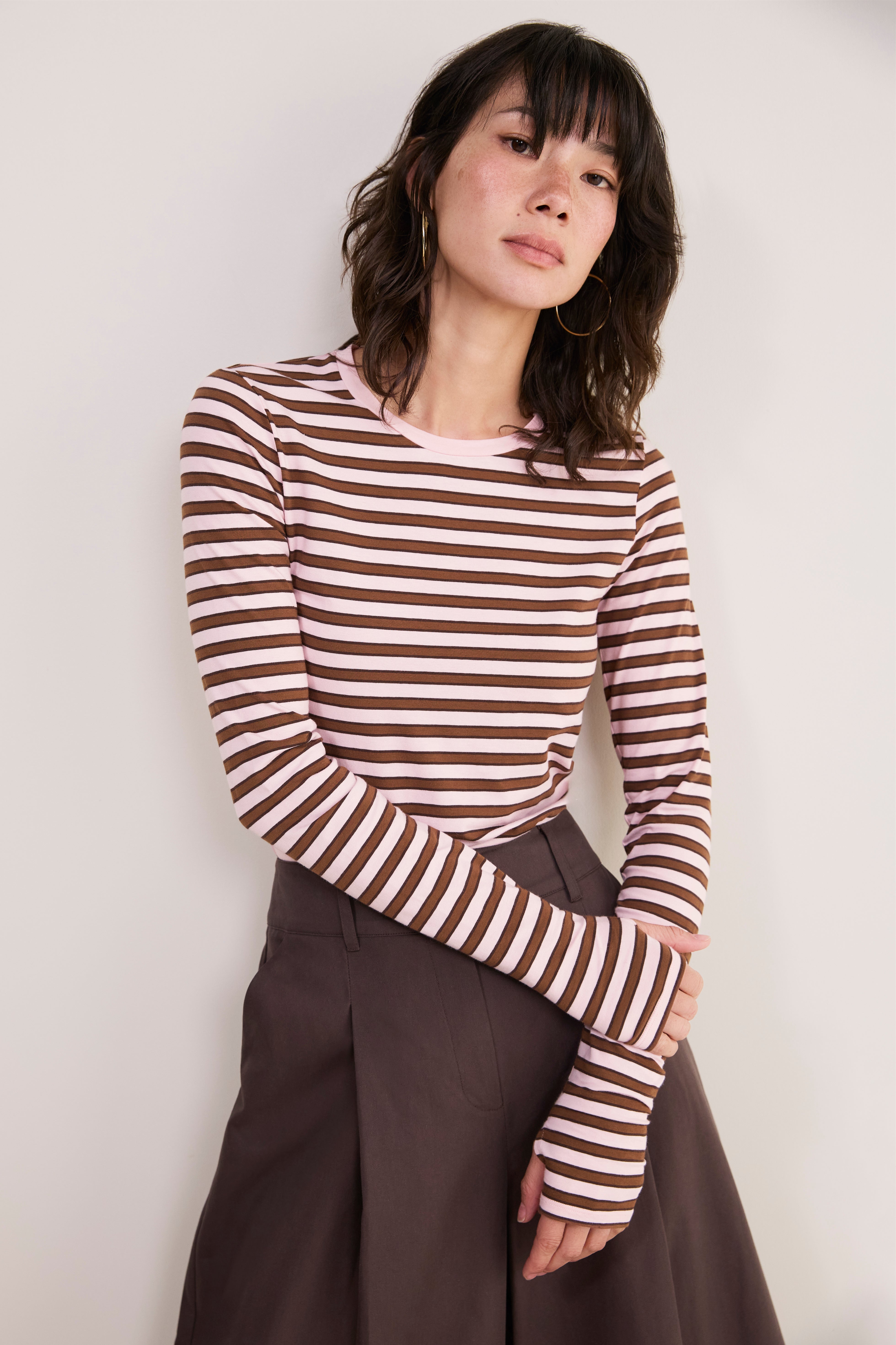 Marnie Long Sleeve Jersey Top - Blush Pink/Toffee Stripe