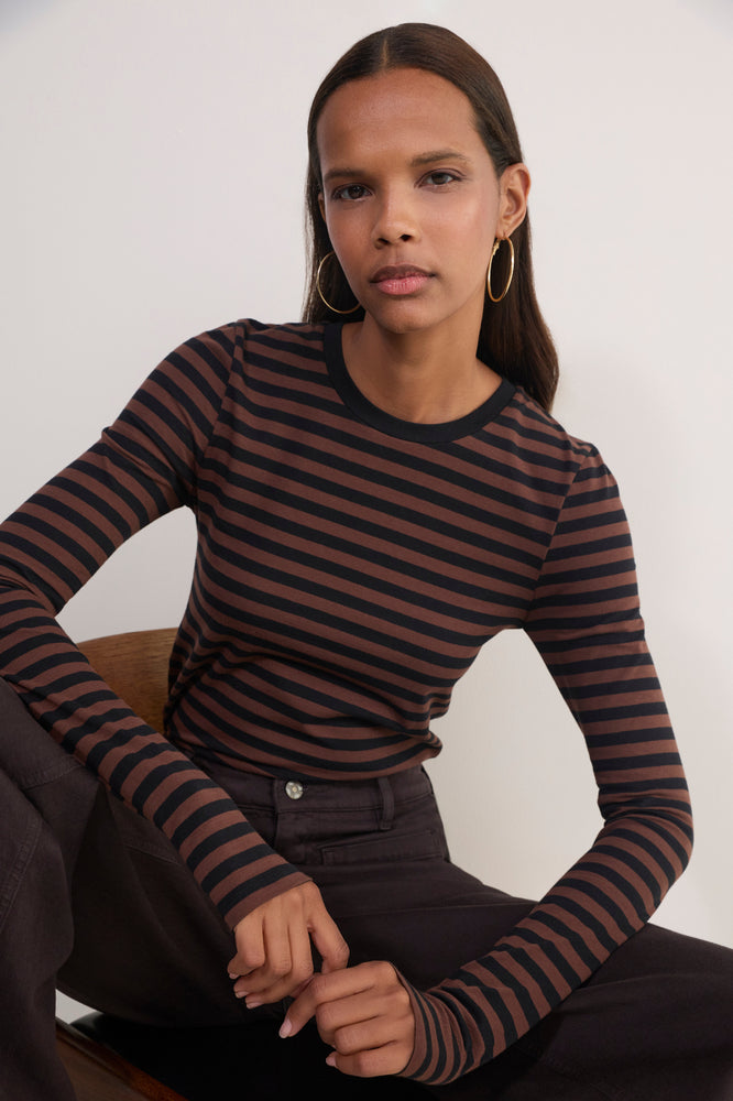 Marnie Long Sleeve Jersey Top - Chocolate/Black Stripe