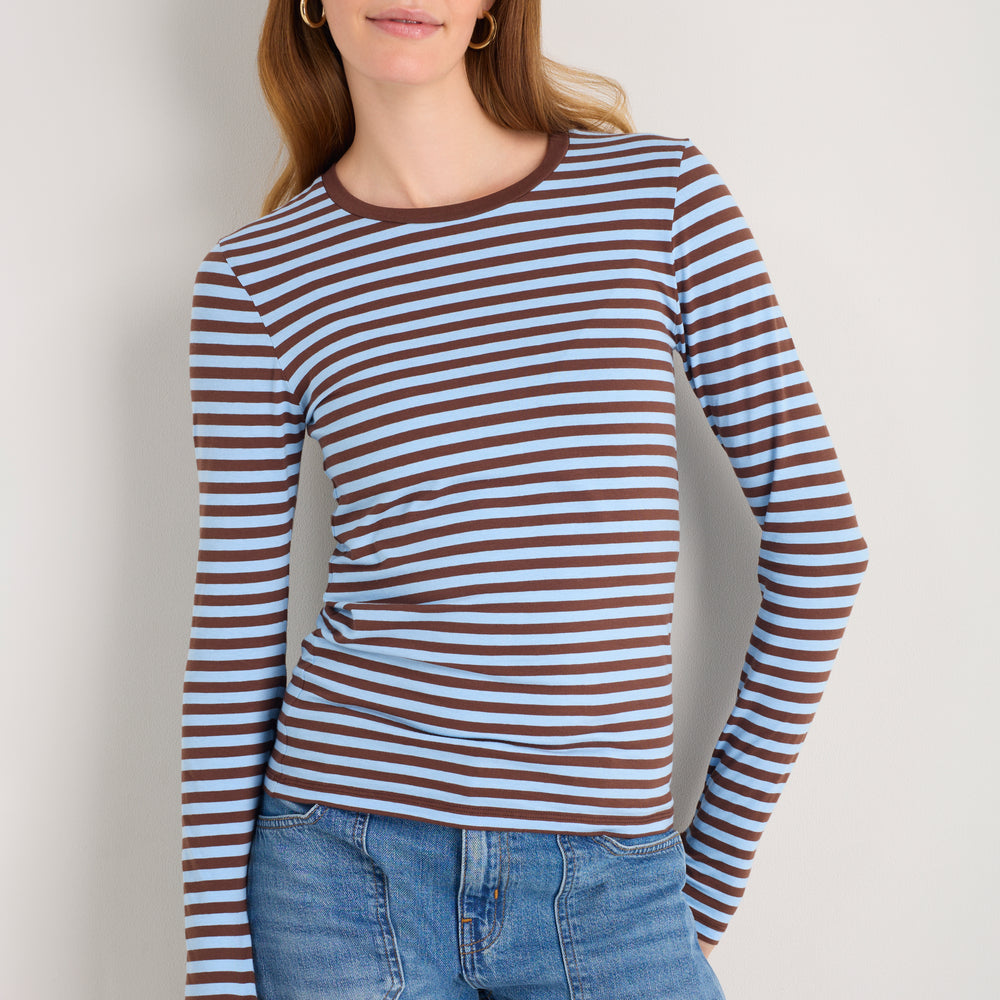 Marnie Long Sleeve Jersey Top - Chocolate/Sky Blue Stripe