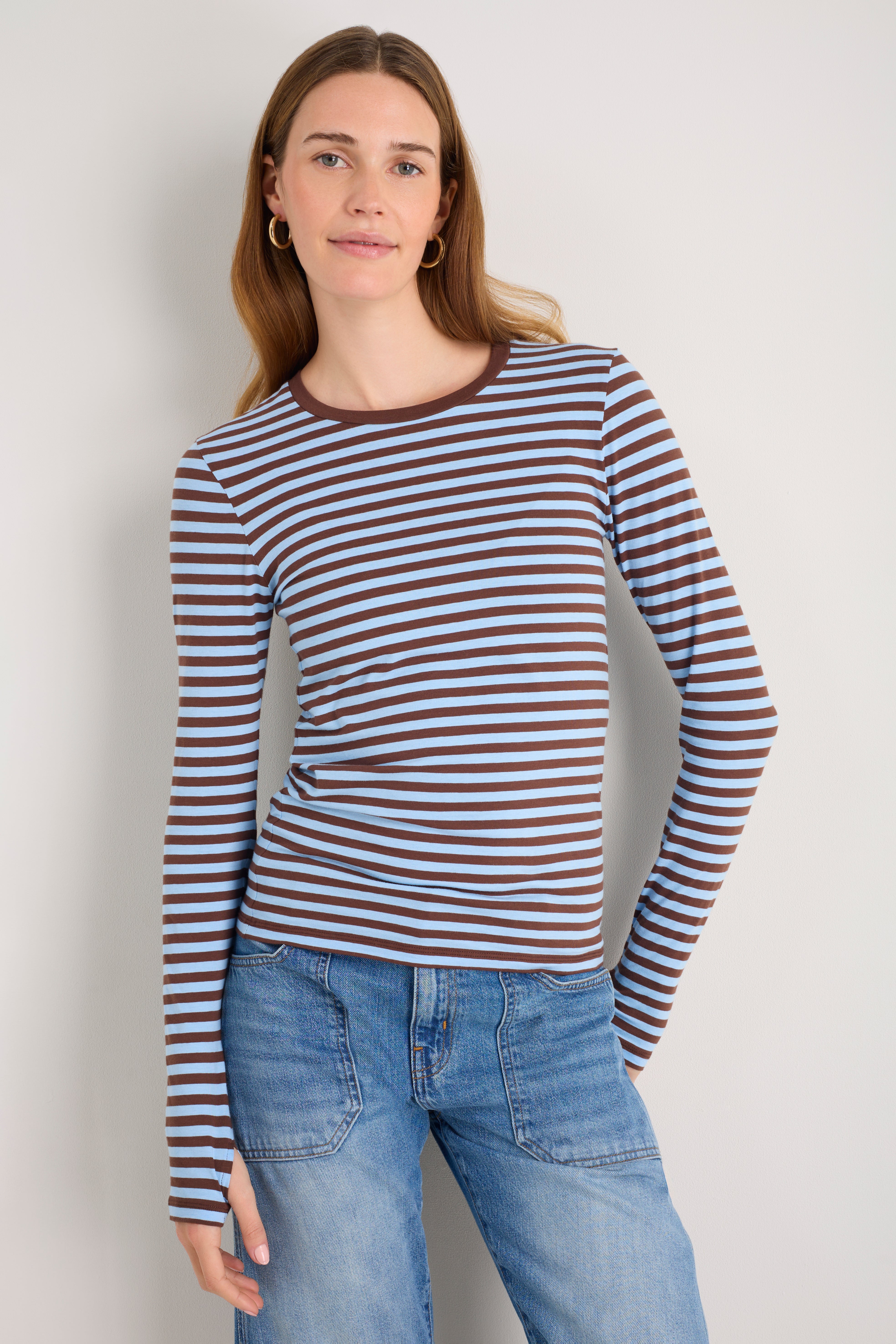 Marnie Long Sleeve Jersey Top - Chocolate/Sky Blue Stripe