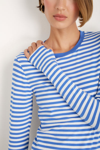 Close up showing the thumb hole detail on the long sleeve striped jersey top