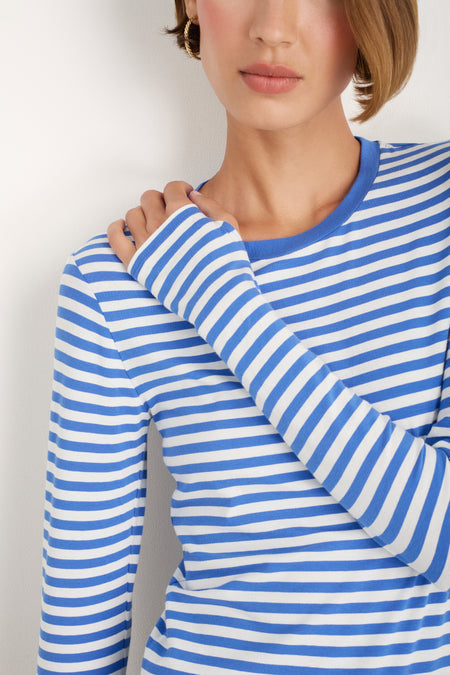 Close up showing the thumb hole detail on the long sleeve striped jersey top