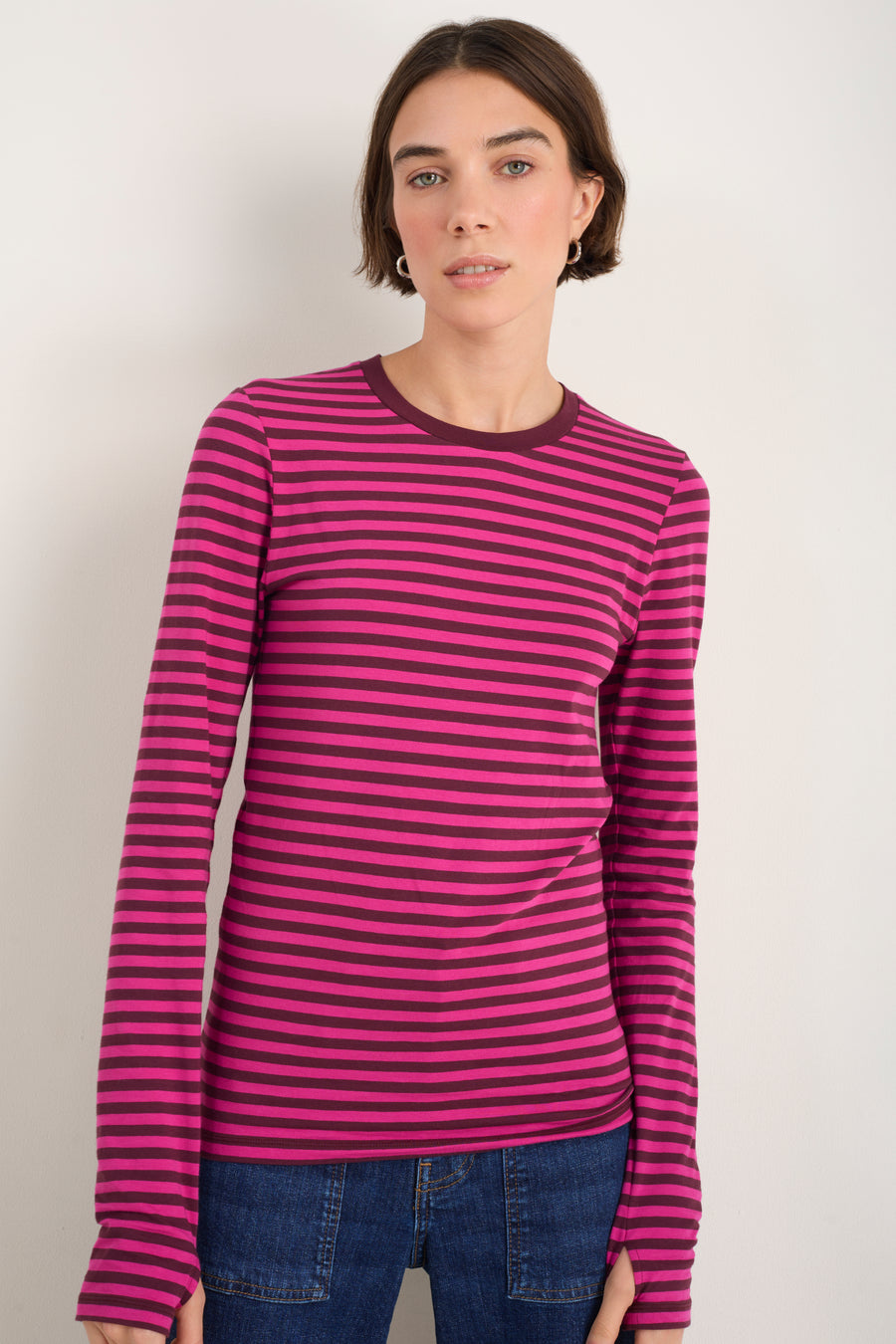 Marnie Long Sleeve Jersey Top - Deep Fig/Pink Stripe