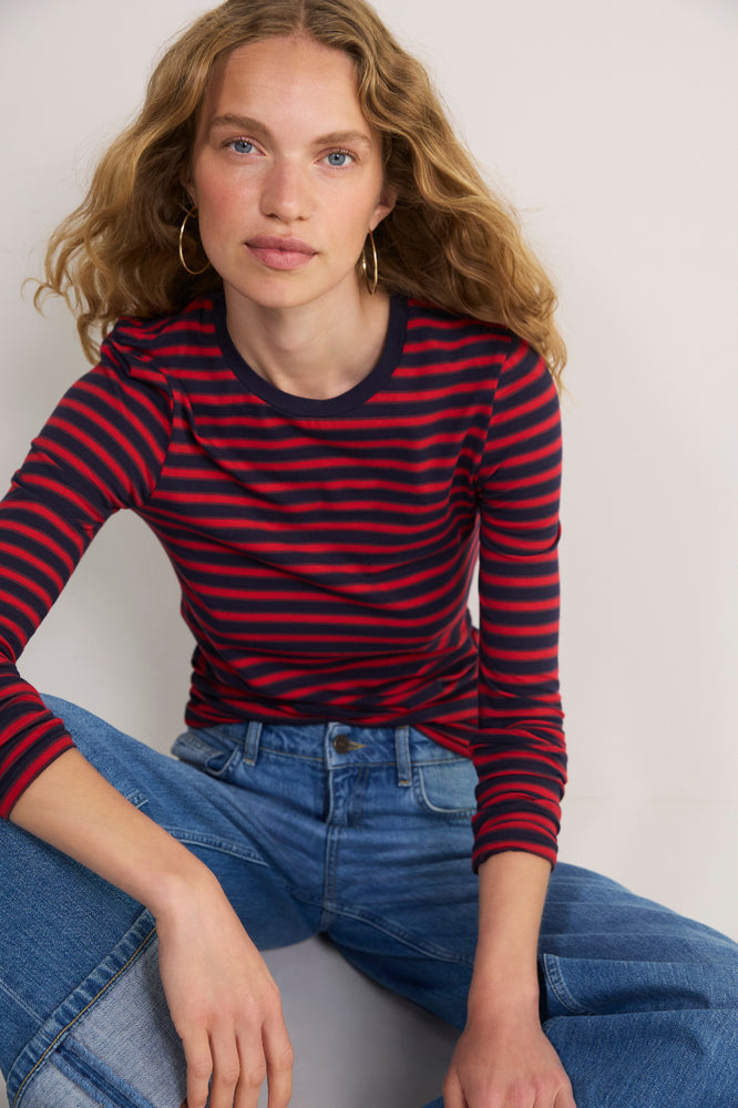 Marnie Long Sleeve Jersey Top - Midnight/Red/Plum Stripe