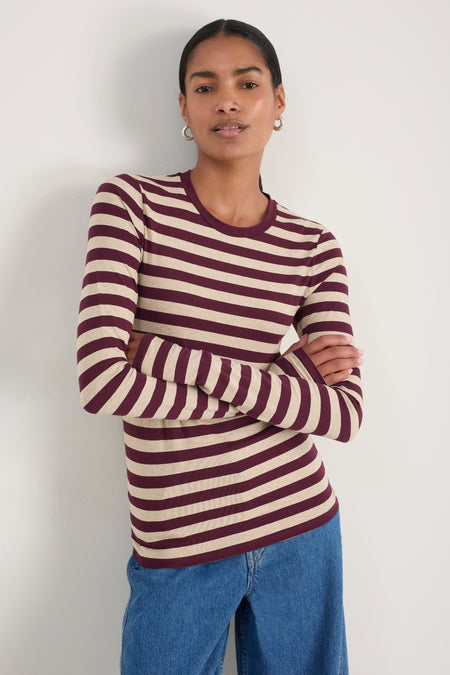 Full view of the Marnie jersey top in an oat and deep fig striped colourway.