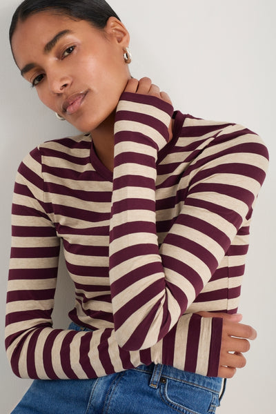 Close-up of the long sleeve jersey top showing the stripe pattern and thumb hole detail.