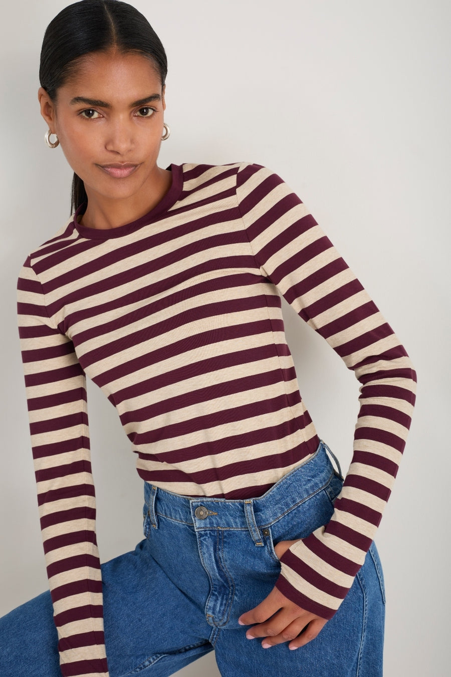 Marnie Long Sleeve Jersey Top - Oat/Deep Fig Stripe