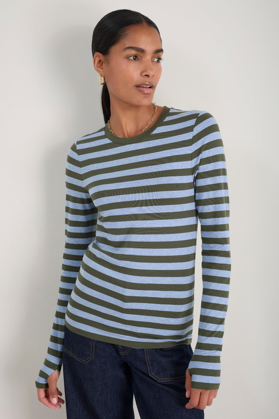 Marnie Long Sleeve Jersey Top - Denim Blue/Olive Stripe