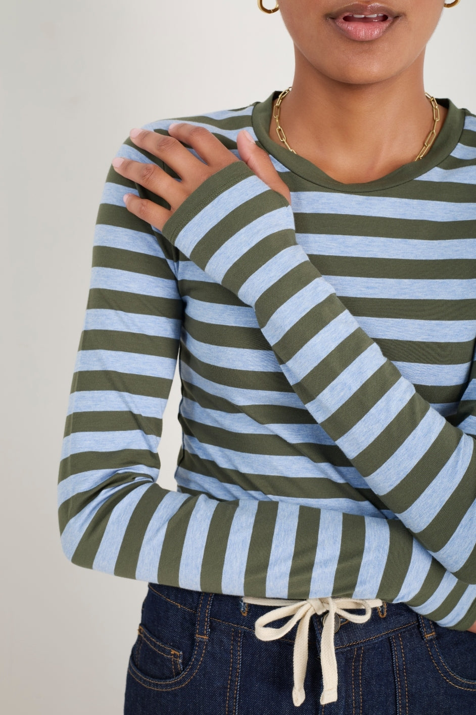 Marnie Long Sleeve Jersey Top - Denim Blue/Olive Stripe