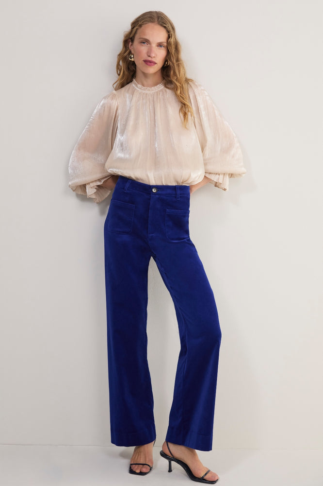 Nina Cotton Velvet Flare Trouser - Maritime Blue