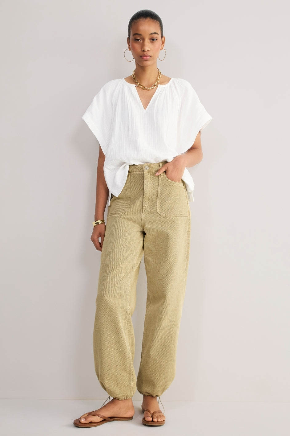 Noa Drawstring Hem Jean - Warm Khaki