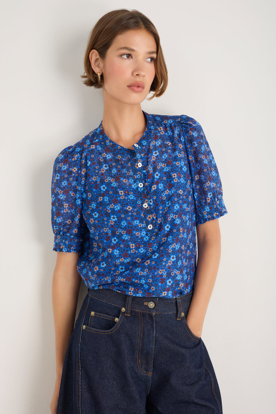 Noah Silk Blend Blouse - Cobalt Retro Ditsy