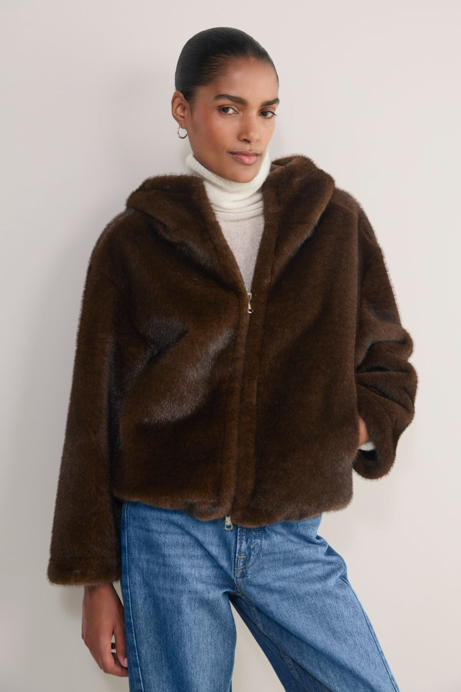 Nova Hooded Faux Fur Coat - Chocolate