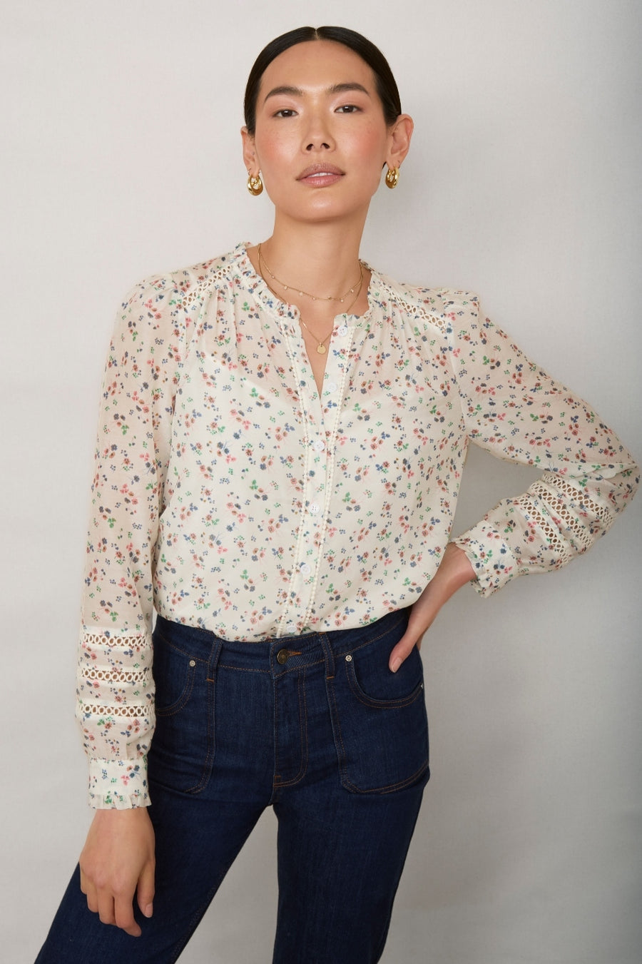 Parker Silk Blend Blouse - Ivory Ditsy Floral