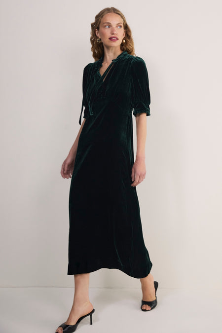 Paulina Silk Velvet Dress - Forest Green